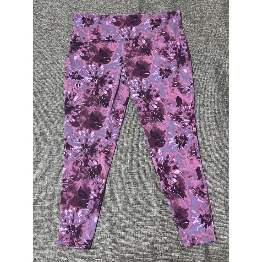 Terra & Sky Womens 1X Leggings Purple Floral Cotton Blend Stretch